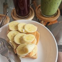 Beetroot juice, iced matcha latte with soy, PB and banana sandwich at Snooze in Bangkok