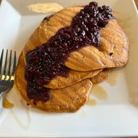 Pancakes with Berry Compote and Maple Syrup at The Smokin' Onion in Asheville