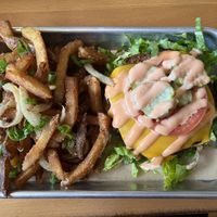 Smash burger and fries   at The Smokin' Onion in Asheville