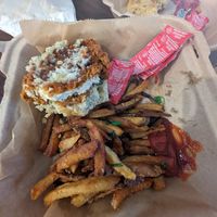 Sorry I started eating before taking a photo 😂 this was a chick'n biscuit and fries at The Smokin' Onion in Asheville