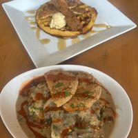 Biscuits and gravy and chickn and waffles  at The Smokin' Onion in Asheville