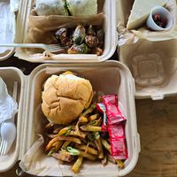 (Top) Johnny Utah + brussels sprouts, 
(bottom) Trashy Burger + fries, 
(side) cheesecake at The Smokin' Onion in Asheville