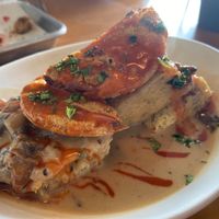 biscuits & gravy + fried green tomatoes  at The Smokin' Onion in Asheville
