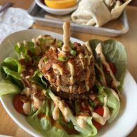 Fried green tomatoes and BLT in background   at The Smokin' Onion in Asheville