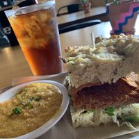 Big Chick’n Biscuit, sweet potato grits, sweet tea  at The Smokin' Onion in Asheville