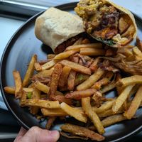 Sports! dish, but as a wrap, with fries at The Smokin' Onion in Asheville