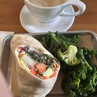 Johnny Utah Wrap, a Side of Kale & Broccoli, & Oat Milk Lattee  at The Smokin' Onion in Asheville