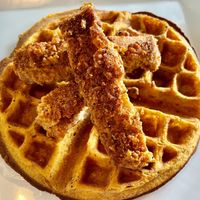 Chik’n and waffles. I expected a large piece of vegan chicken, not strips. Overly salty. I removed the breading    at The Smokin' Onion in Asheville