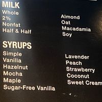 Plant based milk options: almond, oat, macadamia, soy milk.   at Reborn Coffee in Laguna Woods