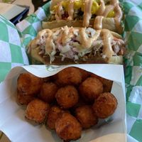 Dogs as sweet potato tots  at Mike's Vegan Grill in Charlotte