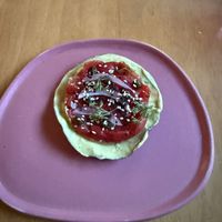 Watermelon Tiradito. (Omit the mayo). Marinated and grilled watermelon with black garlic puré and ponzu sauce    at Makal in Puerto Vallarta