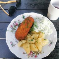 Chicken Kiev, cucumber salad and Silesian dumplings 5/5! at Vegan Friends Kitchen in Warsaw