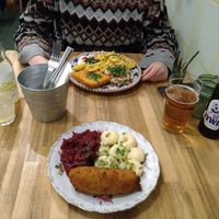 Kiev style mock chicken with beets and dumplings and grilled cheese with fries and salad at Vegan Friends Kitchen in Warsaw