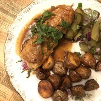 vegan roulade + roasted potatoes + kiszonka (pickled cucumber)  at Vegan Friends Kitchen in Warsaw