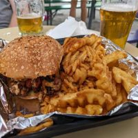 Cauliflower burnt ends sandwich with waffle fries #Veganuary at Ray Ray's Hog Pit Powell in Powell