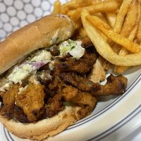 BBQ soy curls with pickles, slaw and crispy fried onions  #Veganuary at That Weird Place in Amarillo