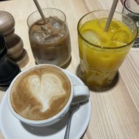 Oat cappuccino, iced cappu and freshly squeezed orange juice   at Greasy Spoon @ Playhouse Teater in Stockholm