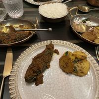 Delicious stuffed/grilled aubergine and garlic and chilli potato slices  at Nksha in Mumbai