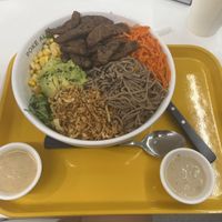 Vegan poke bowl with fake meat, veggies, soba noodles, and vegan sesame sauce and vegan onion sauce  at Poke All Day - Anam in Seoul