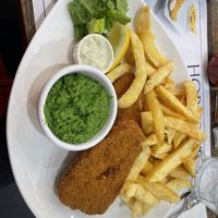 Vegan fish and chips with mushy peas  at Hobson's Fish & Chips - Charing Cross in London