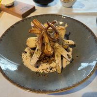 Confected parsley root on truffled savoy cabbage with fried oyster mushrooms and spelled  at Helbigs Gasthaus in Johannesberg