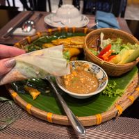 Vegan mushroom Pancake — fill the rice paper with the veggies and dip in the peanut sauce!  at Faifoo Central Restaurant in Hoi An