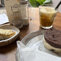 Ice cream sandwich (popcorn and miso swirls - honestly the main driver was a chocolate taste), white choc lemon bar, mango soy latte  at Das Lazy in Vienna