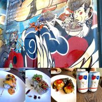 Items from the set menu (omakase) , Japanese beer beer and funky mural inside venue  at Kimusabi in Newtown
