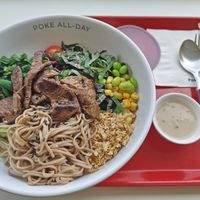 vegan poke bowl with saba noodles and korean bbq at Poke All Day - Munjeong in Seoul