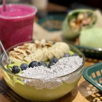 Pitaya Smoothie, Green Smoothie Bowl and Quinoa Wrap  at Hiking Hawaii Cafe in Honolulu