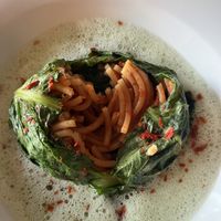 Spaghetti 🍝 stuffed leaf with foam  at Restaurant Haselburg in Bolzano