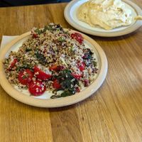 Quinoa tomato salad and humus (only vegan options when we went, but got some toasted sourdough bread to bulk it up) at Five Acres in St Andrews