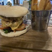 Stacked vegan burger with potato wedges  at The Grey Gull Hotel in Lochgilphead
