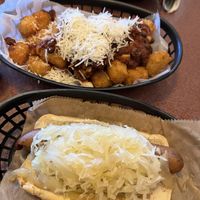 Artisan dog and tater tots that have chili and cheesee  at Happy Dog - Detroit Ave in Cleveland