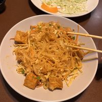 Pad Thai with tofu. Plate above is remnants of devoured vegan spring rolls 🤤  at Thai Table in Wichita