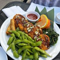 Vegan veggie platter (edamame, spring rolls, croquettes and sweet chilli sauce) at Kawakubo in Revelstoke