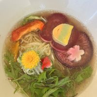 Ramen with edible flowers - delightful and delicious   at RAMEN Arashiyama Bamboo Grove Pavilion 嵐山竹林亭 in Kyoto