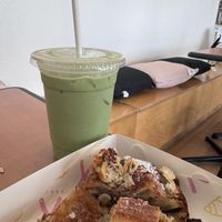 Matcha latte with soy milk (sorry - cut up my croissant in anticipation while waiting for the latte!)  at Croix Croissant in Brisbane