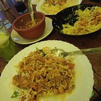 Chana masala and yellow coconut rice at Banana Leaf Restaurant Kovalam in Kovalam