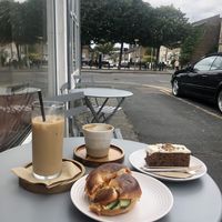 Iced latte, vegan bagel and carrot cakee  at Simba Bru Coffee Roasters in Watford