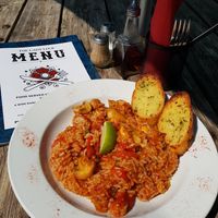 Vegan jambalaya with garlic bread at The Lady Luck in Canterbury