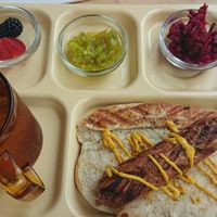 Meal served on tray, my drink was water.  Coffee w/ plant milks available.  Beet kraut, chow chow mix and some mustard. The bread is perfect. at Rigby Roastery @ Boycott Coffee - Pop Up in Memphis