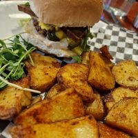 Burger with potatoes at Wild Leek in Halifax