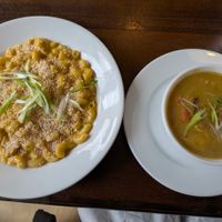Mac-n-cheese and Split pea soup at Wild Leek in Halifax