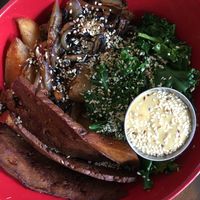  Breakfast bowl of seasonable veggies and vegan bacon served with dragon sauce. at Wild Leek in Halifax