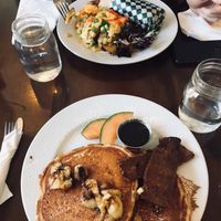 Chocolate& banana vegan pancakes at Wild Leek in Halifax
