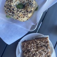 Everything bagel veggie breakfast sandwich and cinnamon coffee cake  at South Fork Baking Company in Everett