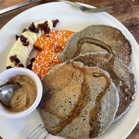 Hot cakes with blue cornmeal  at Vegan Rubí in Ixtapa
