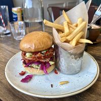 Jackfruit burger and fries   at Beach Tree Cafe in Aberdeen