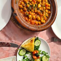 Chickpea tagine and vegan vegetable briouates at Zaytouna in Essaouira
